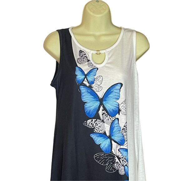 Sleeveless Black White Blue Butterfly Dress Rayon Blend, size Medium - Picture 2 of 13
